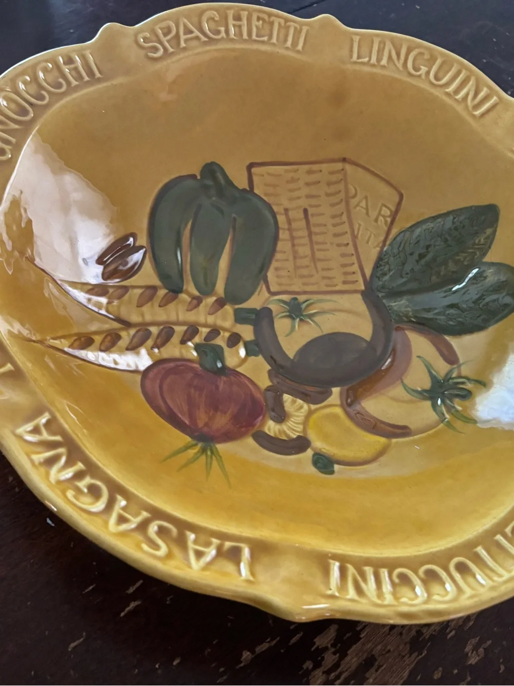 Vintage 14-3/8” California Pottery harvest gold pasta/serving ceramic bowl